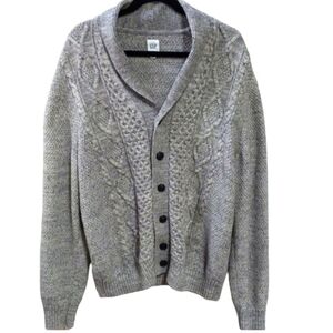 Vintage,Midweight Gray Cable Knit Fisherman Cardigan With Shawl Collar. XL. Gap